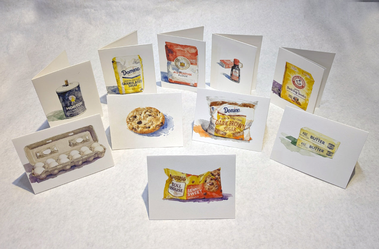 Set of 3 (+1) Nestles Chocolate Chip Cookies Recipe Art Note Cards